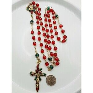 VTG Enameled Rosary Red Green Faceted Glass Beads Christmas Crucifix